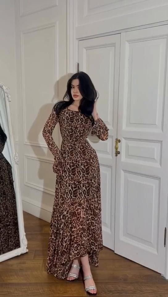Leopar desen şifon tül astarlı elbise