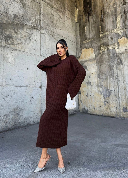 Acı kahve saç örgü dökümlü elbise