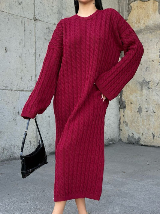 Bordo saç örgüsü dökümlü elbise